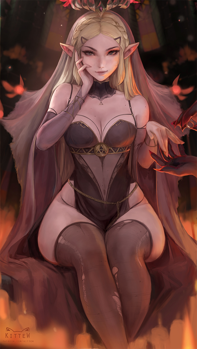 1girl, artist_name, bare_shoulders, blonde_hair, breasts, covered_navel, detached_collar, detached_sleeves
