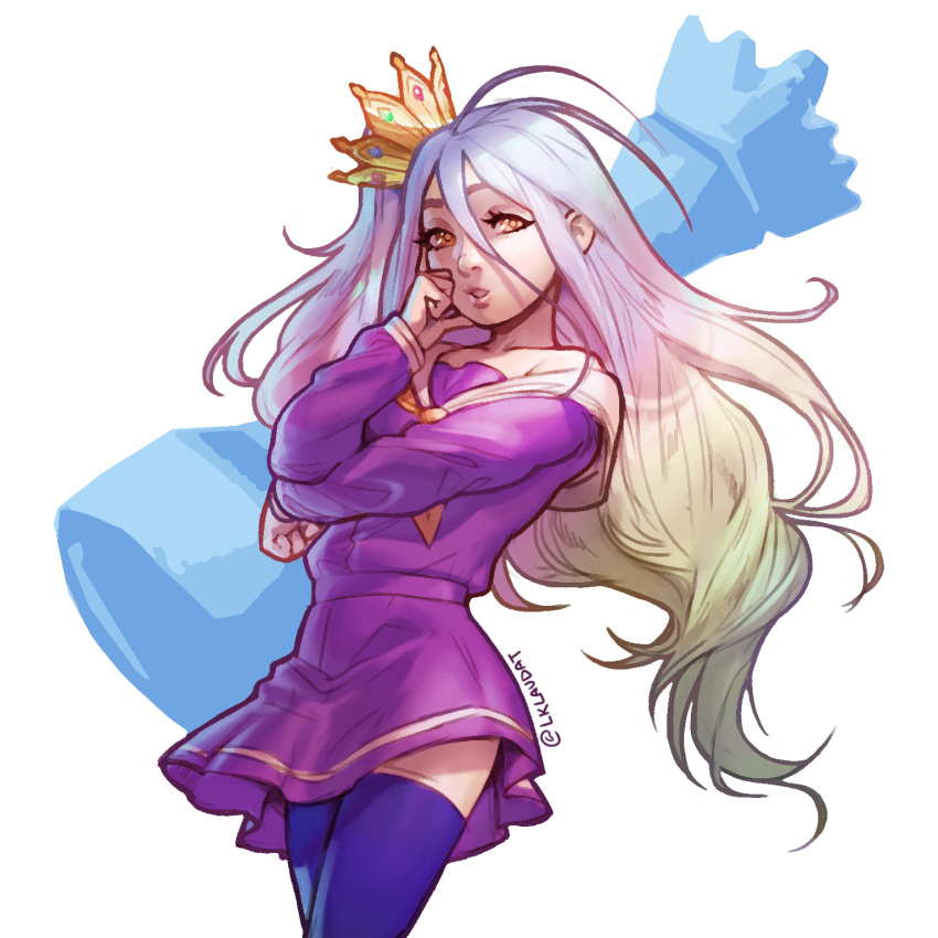 1girl, blue_legwear, chess_piece, crown, dress, flat_chest, highres, long_hair