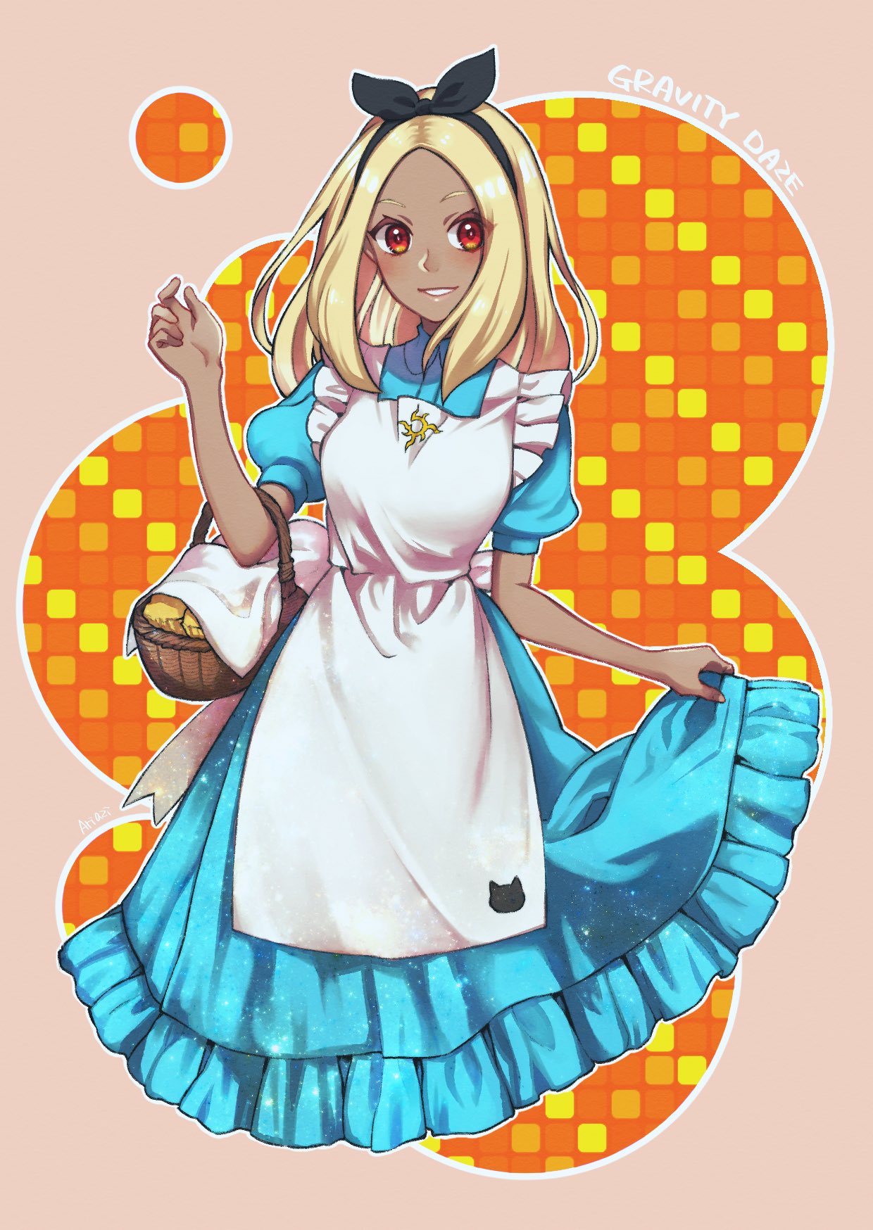1girl, alice_(alice_in_wonderland), alice_(alice_in_wonderland)_(cosplay), alice_in_wonderland, apron, ariazi, blonde_hair, blue_dress