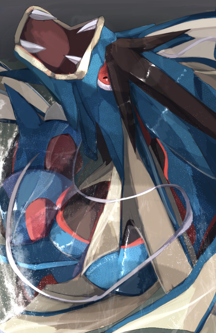 commentary_request, fangs, gyarados, looking_up, mega_gyarados, mega_pokemon, no_humans, open_mouth