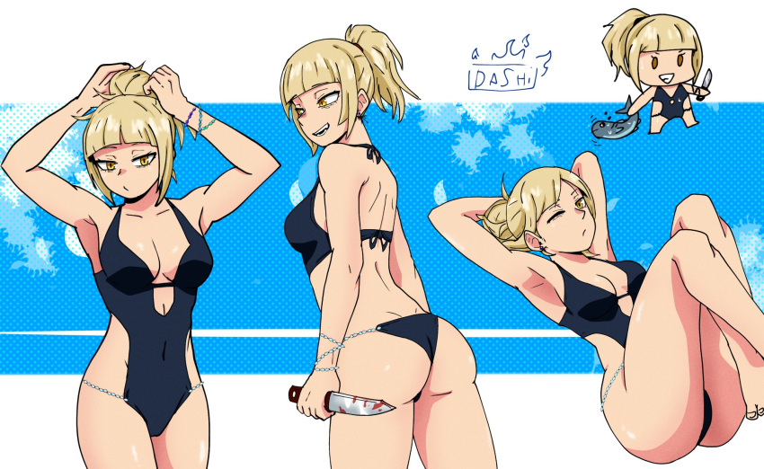 1girl, animal, artist_name, ass, bags_under_eyes, bangs, blonde_hair, blood, blood_on_knife, blunt_bangs, boku_no_hero_academia, bracelet, breasts, chibi, commentary_request, dashi, fangs, fish, highres, holding, holding_animal, holding_fish, holding_knife, holding_weapon, jewelry, knife, medium_breasts, medium_hair, multiple_views, navel, one-piece_swimsuit, one_eye_closed, open_mouth, ponytail, portuguese_commentary, sidelocks, smile, swimsuit, tied_hair, toga_himiko, tying_hair, weapon, yellow_eyes