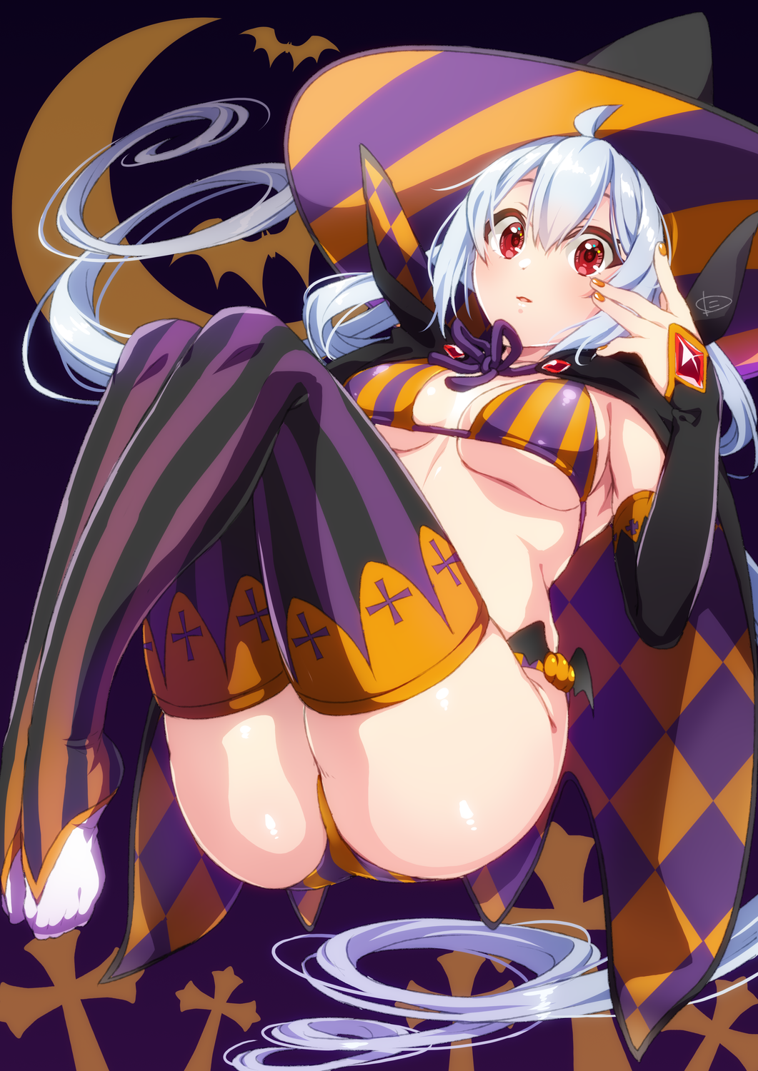 1girl, argyle_cape, bangs, bikini, black_cape, black_gloves, black_headwear, breasts, cape, commentary, elbow_gloves, floating, gloves, half_gloves, hat, highres, knees_up, large_breasts, long_hair, looking_at_viewer, matoi_(pso2), multicolored_stripes, nyanmaru_(ememing), orange_bikini, orange_cape, parted_lips, phantasy_star, phantasy_star_online_2, purple_bikini, purple_cape, purple_legwear, red_eyes, silver_hair, solo, striped, striped_bikini, swimsuit, thigh-highs, toeless_legwear, two-sided_cape, two-sided_fabric, two-sided_headwear, vertical-striped_bikini, vertical_stripes, witch_hat