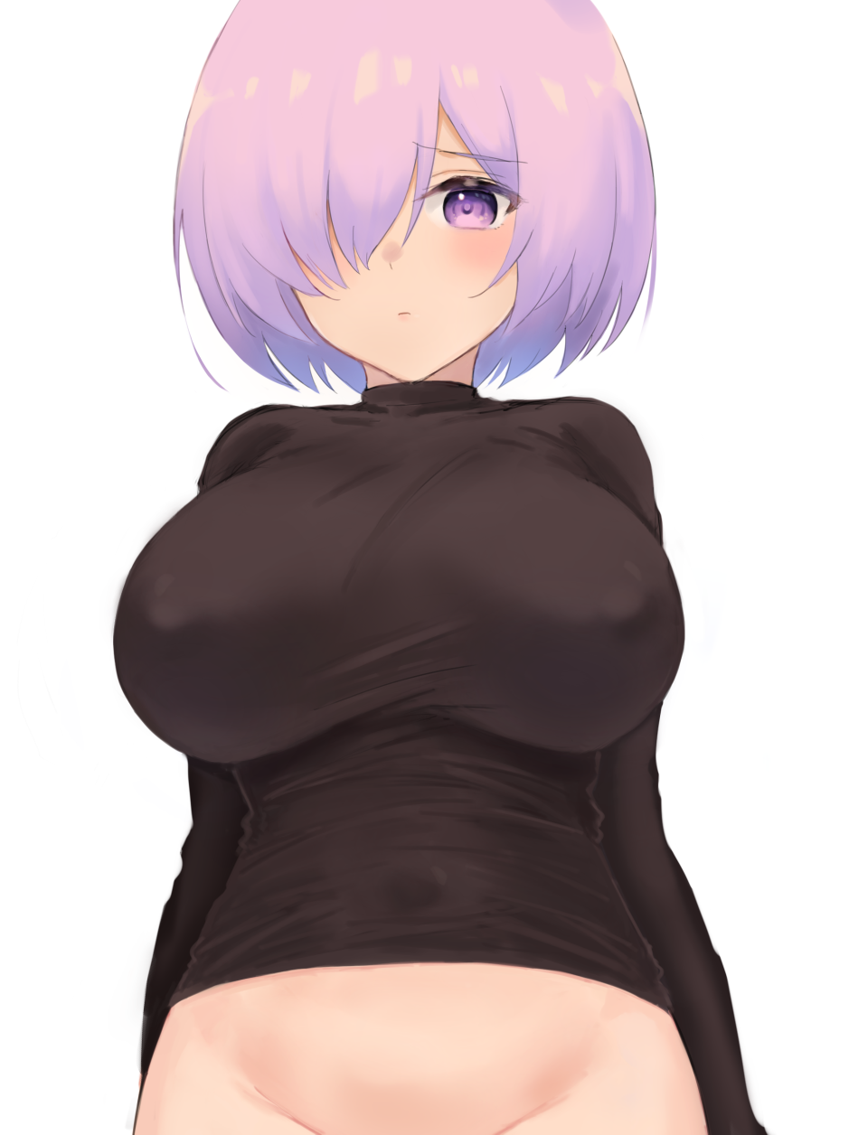 1girl, arms_at_sides, arms_behind_back, black_sweater, blush, bottomless, breasts, closed_mouth