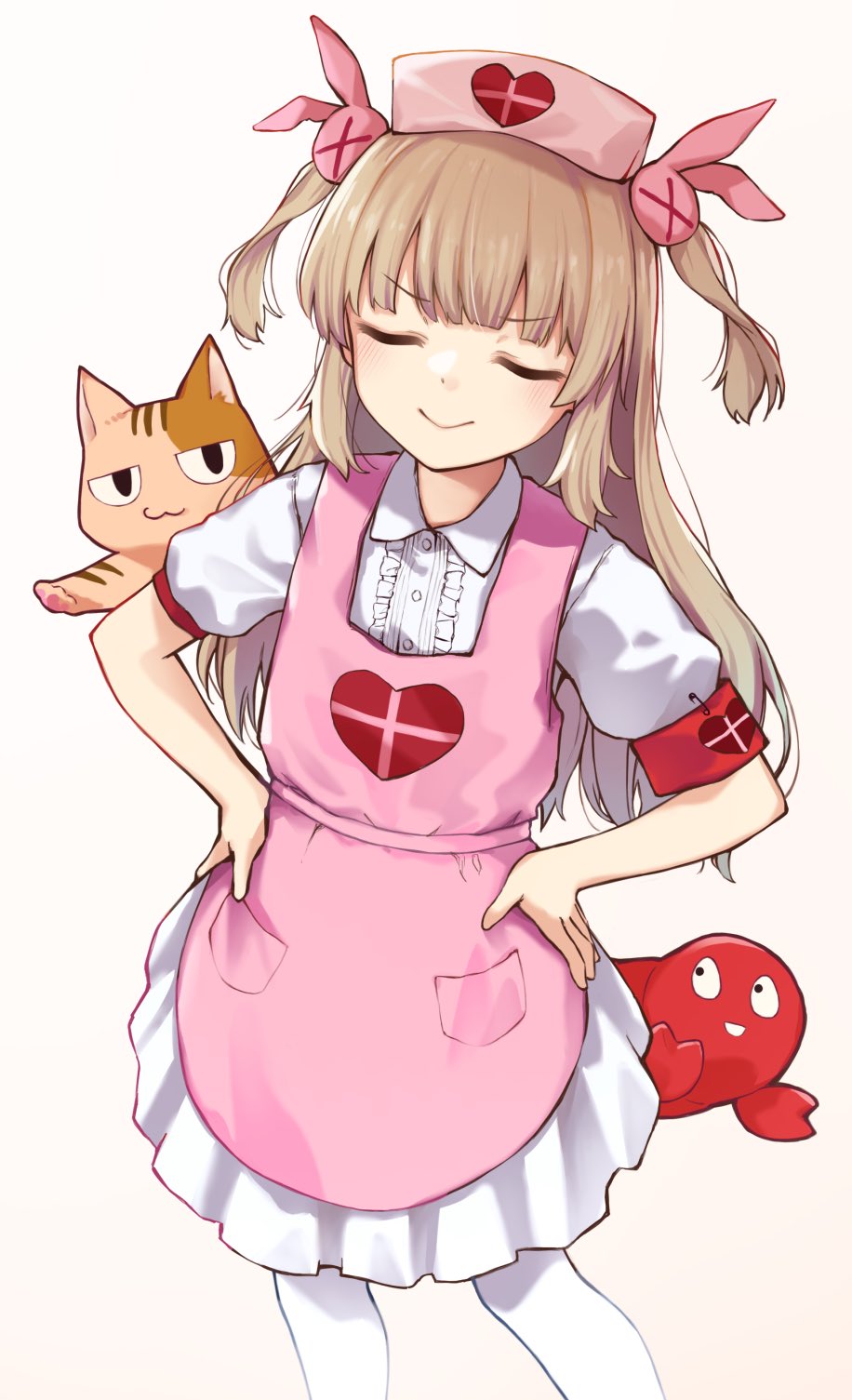 aishima_marota, apron, armband, bunny_hair_ornament, cat, center_frills, closed_eyes, closed_mouth
