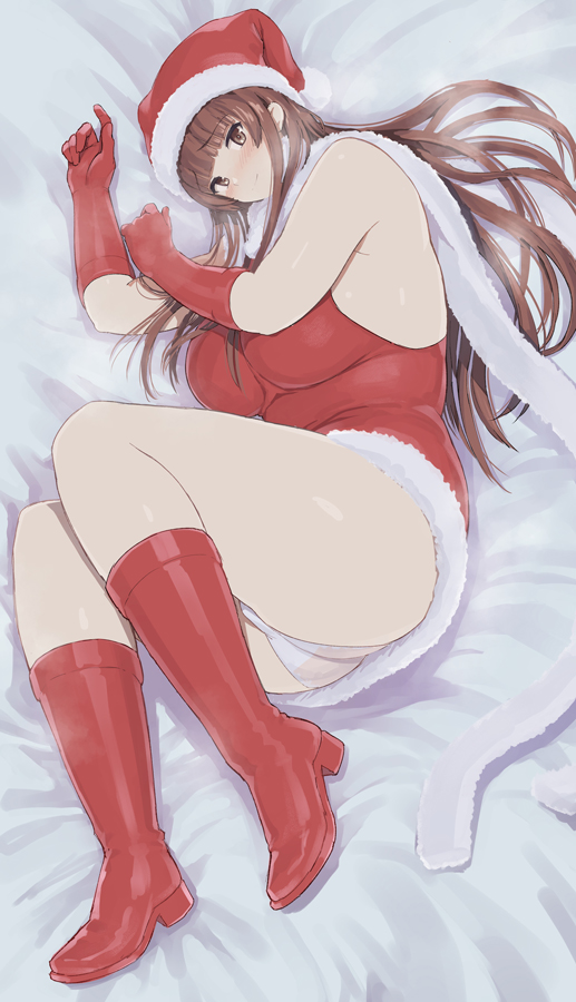 1girl, bangs, blush, boots, breasts, brown_eyes, brown_hair, dress, eyebrows_visible_through_hair, gloves, hat, heroherotom, long_hair, panties, santa_boots, santa_dress, santa_gloves, santa_hat, sleeveless, sleeveless_dress, solo, thick_thighs, thighs, underwear, upskirt