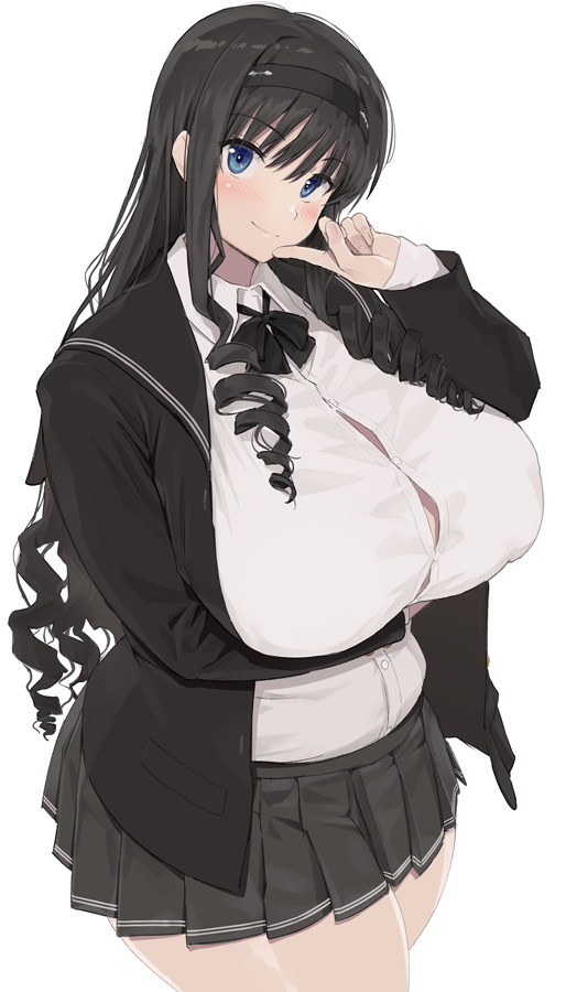 1girl, amagami, arm_under_breasts, bangs, black_bow, black_hair, black_hairband, black_jacket, black_skirt, blue_eyes, blush, bow, bowtie, breasts, button_gap, closed_mouth, collared_shirt, cowboy_shot, curvy, drill_hair, eyebrows_visible_through_hair, finger_to_mouth, hairband, head_tilt, heroherotom, huge_breasts, jacket, long_hair, long_sleeves, looking_at_viewer, miniskirt, morishima_haruka, open_clothes, open_jacket, pleated_skirt, school_uniform, shirt, sidelocks, simple_background, skirt, smile, solo, standing, taut_clothes, thick_thighs, thighs, white_background, white_shirt