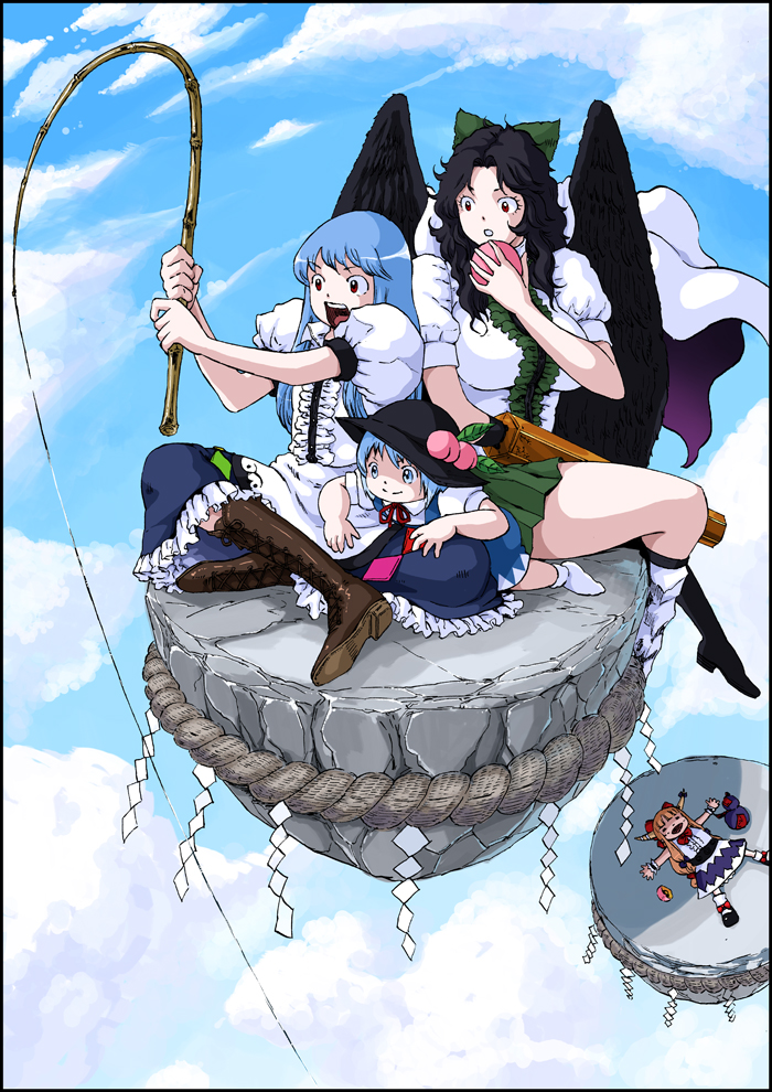 (ysy)s, black_hair, blonde_hair, blue_eyes, blue_hair, bow, cirno, fishing