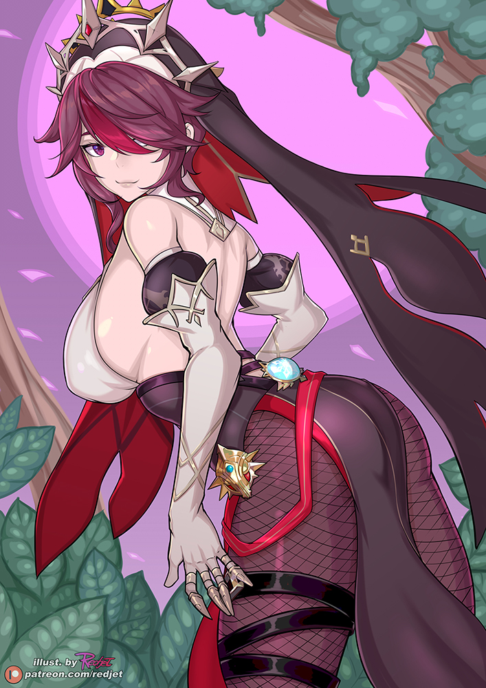1girl, artist_name, ass, backless_outfit, bare_shoulders, breasts, cowboy_shot, elbow_gloves