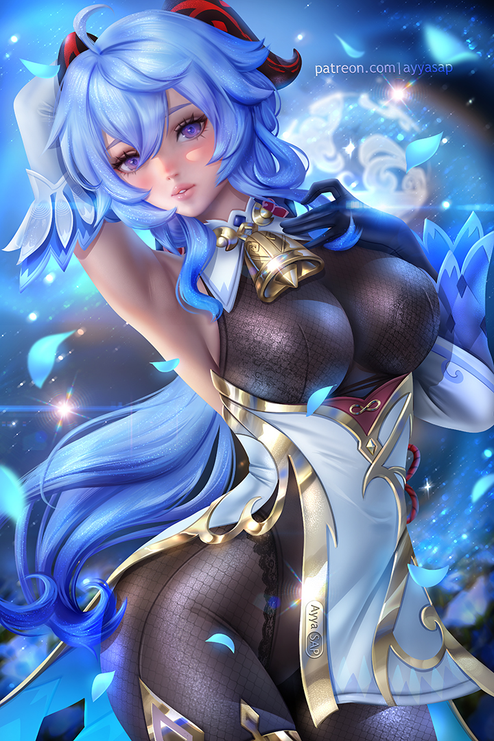 1girl, ahoge, arm_up, armpits, artist_name, ayya_sap, bell, blue_eyes