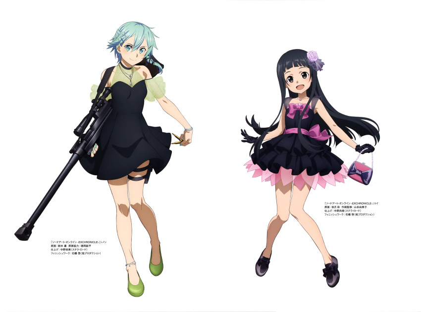 2girls, absurdres, anklet, bag, bangs, bare_legs, black_choker, black_dress, black_footwear, black_gloves, black_hair, blue_hair, blue_nails, blunt_bangs, bracelet, bullet, character_name, choker, collarbone, cross, cross_necklace, dress, floating_hair, full_body, gloves, green_footwear, gun, handbag, highres, hime_cut, holding, holding_bag, holding_bullet, holding_gun, holding_weapon, jewelry, layered_dress, long_hair, multiple_girls, nail_polish, necklace, pgm_hecate_ii, rifle, shiny, shiny_hair, short_dress, short_hair, simple_background, sinon, sleeveless, sleeveless_dress, sniper_rifle, standing, sword_art_online, thigh_strap, very_long_hair, weapon, white_background, yui_(sao)