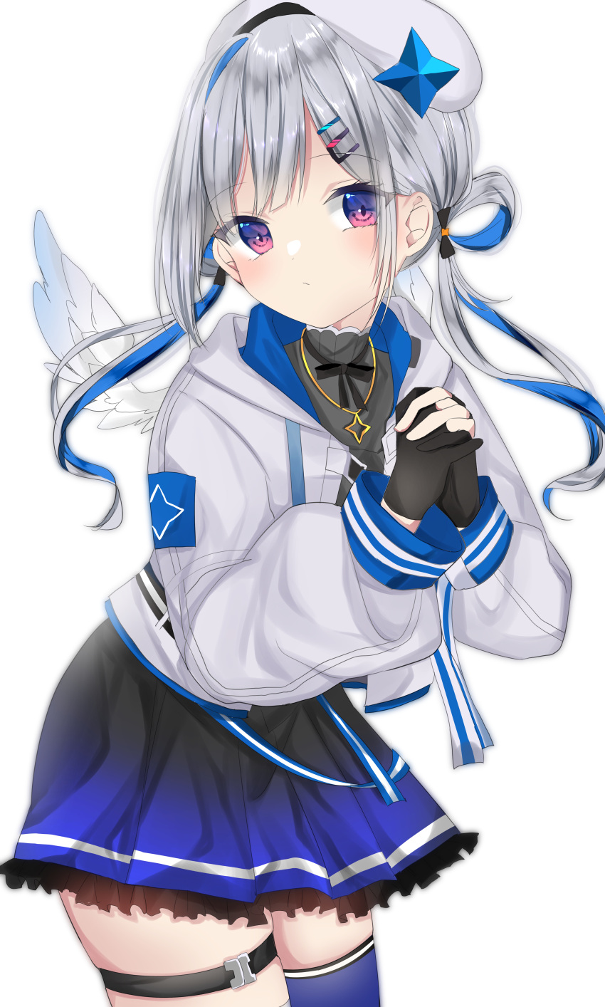 1girl, absurdres, amane_kanata, angel_wings, bangs, belt, beret, black_dress