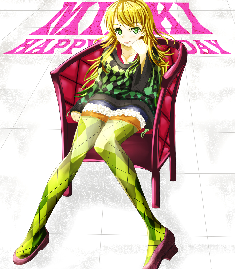 argyle_legwear, blonde_hair, breasts, chair, cleavage, green_eyes, green_legwear, hoshii_miki, idolmaster, long_hair, nira2, nira_(vira), pantyhose, sitting, skirt, sweater, thigh-highs
