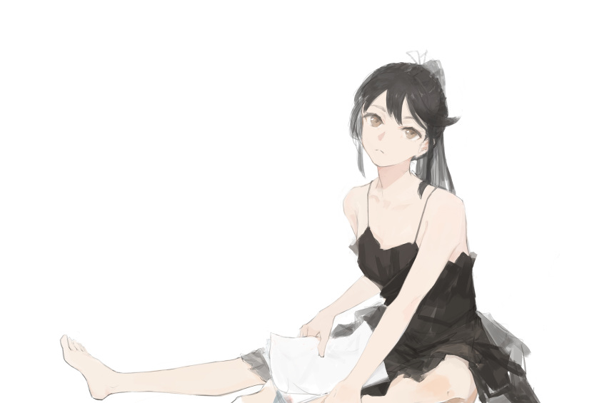 1girl, bare_arms, barefoot, black_dress, black_hair, brown_eyes, closed_mouth, collarbone