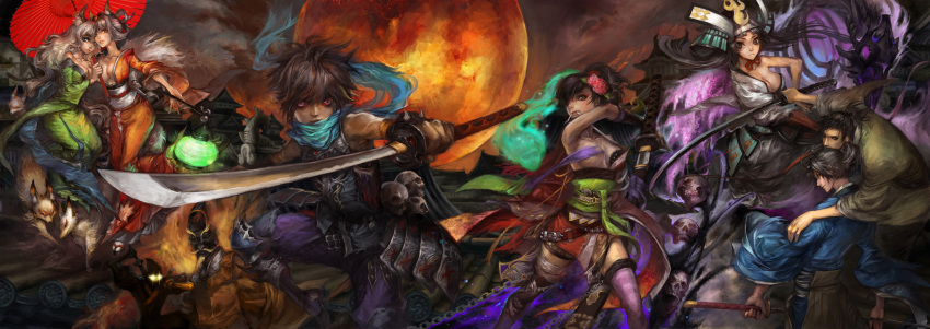 5boys, armor, black_hair, blue_eyes, bra, breasts, brown_eyes, brown_hair