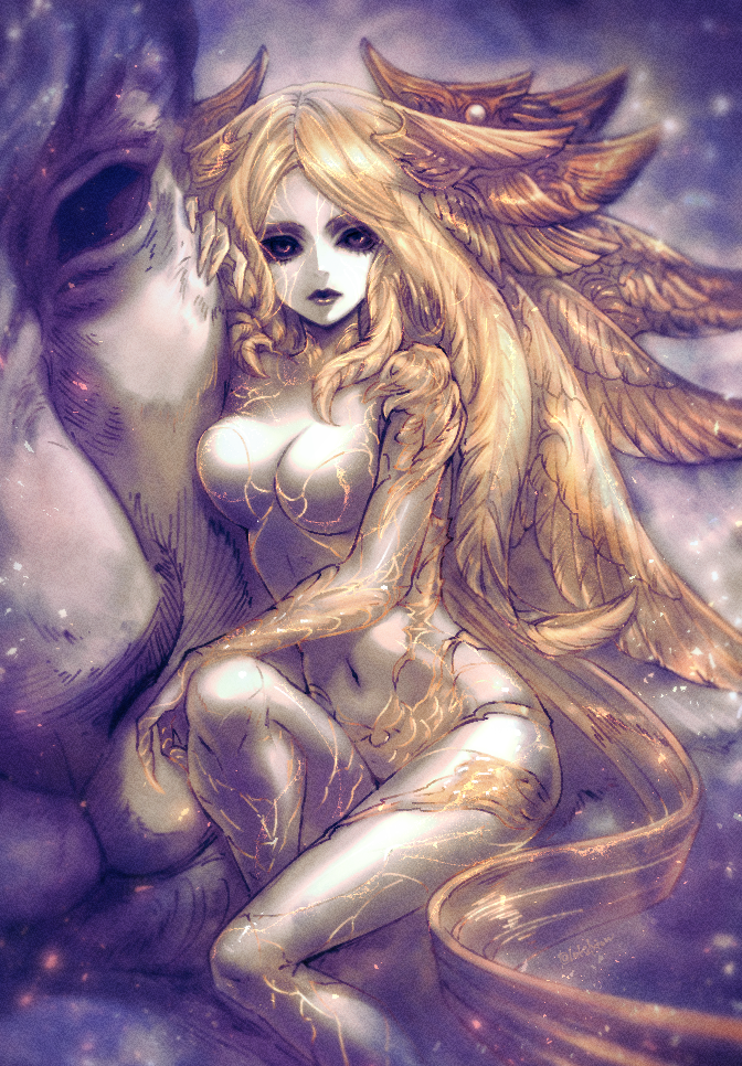 1girl, black_eyes, black_lips, black_sclera, blonde_hair, breasts, claws, colored_sclera