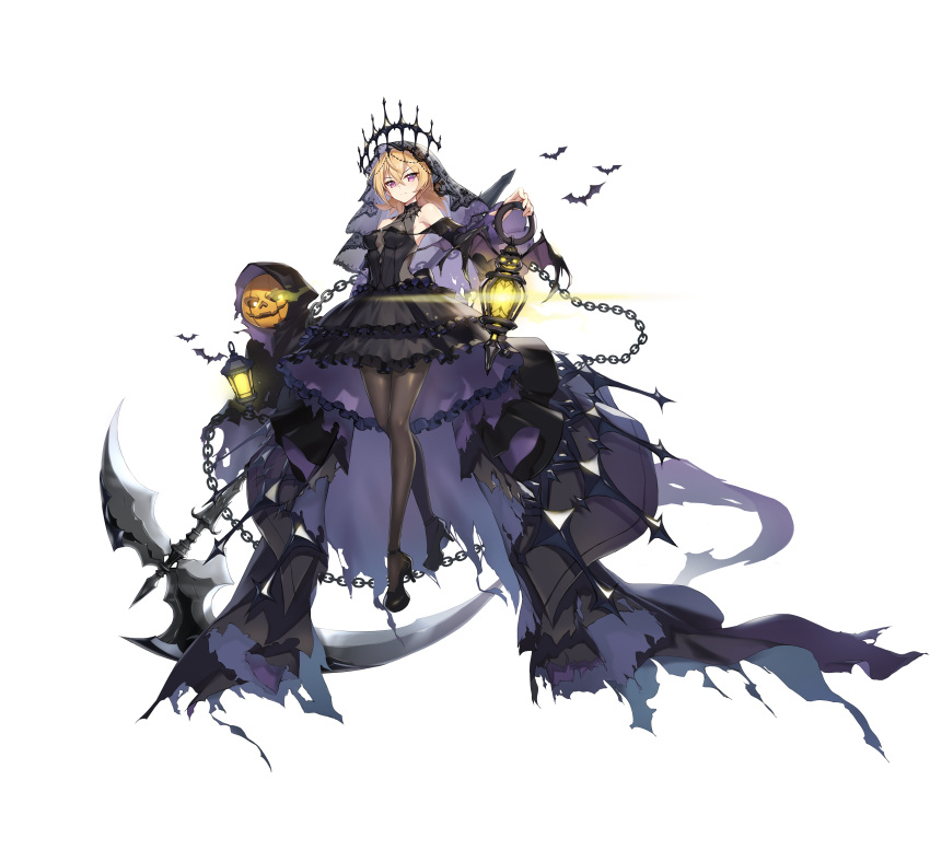 1girl, absurdres, alpha_transparency, alternate_costume, bare_shoulders, bat, blonde_hair, chain, counter_side, dress, hair_between_eyes, halloween_costume, high_heels, highres, ingrid_johanna, jack-o'-lantern, lantern, official_alternate_costume, official_art, pantyhose, parted_lips, scythe, see-through, transparent_background, violet_eyes