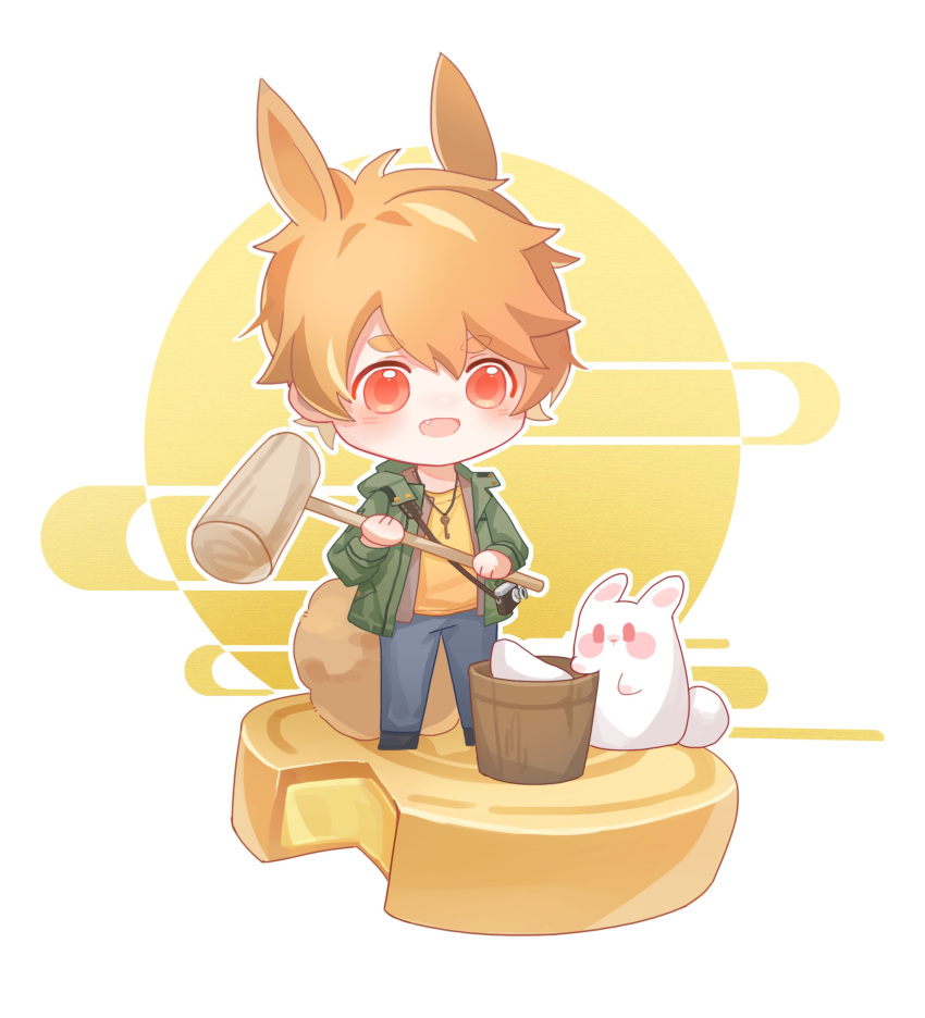 1boy, :d, animal_ears, bangs, blonde_hair, blue_pants, bucket, chibi