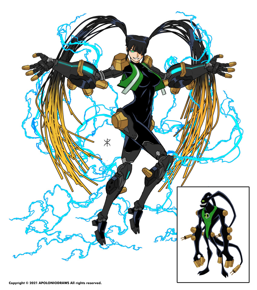 absurdres, alien, amputee, apoloniodraws, ben_10, ben_10:_omniverse, black_hair, bolt, electricity, feedback, genderswap, green_eyes, grin, hair_over_one_eye, highres, jumpsuit, looking_at_viewer, omnitrix, pose, smile, twintails, wide_hips