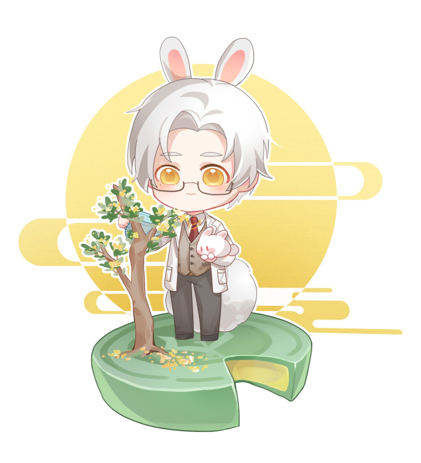 1boy, animal_ears, bangs, black_pants, brown_vest, chibi, closed_mouth, coat