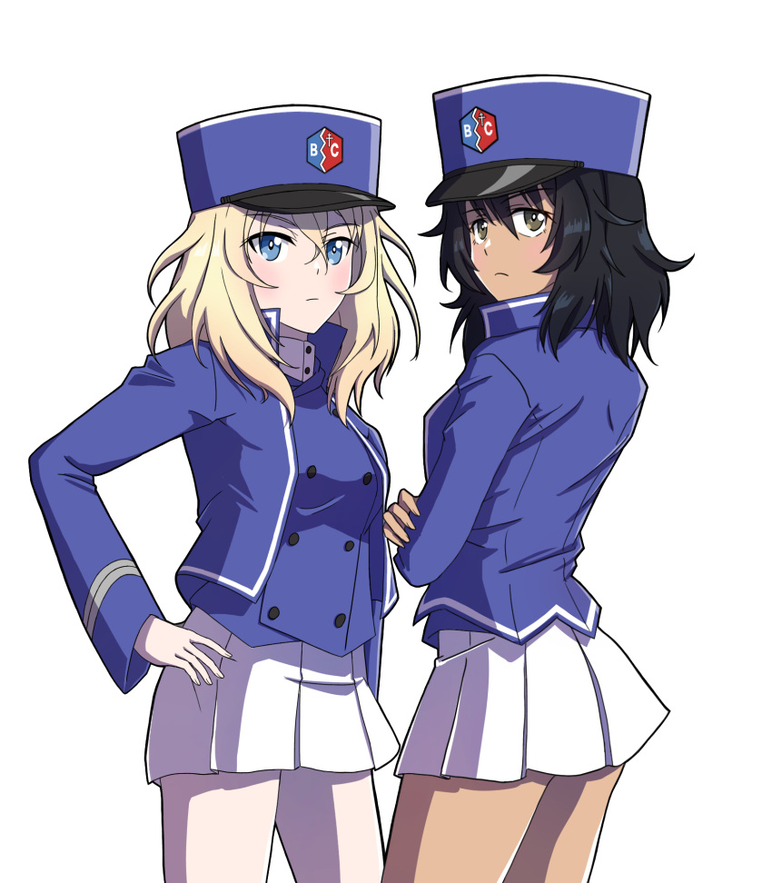 2girls, andou_(girls_und_panzer), bangs, bc_freedom_(emblem), bc_freedom_military_uniform, black_eyes, black_hair, blonde_hair
