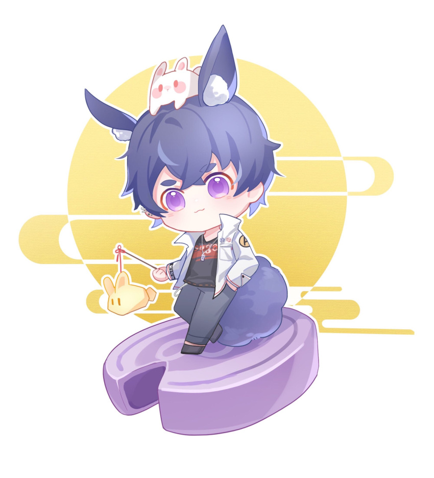 1boy, :3, animal_ears, bangs, black_shirt, blue_hair, blue_pants, chibi