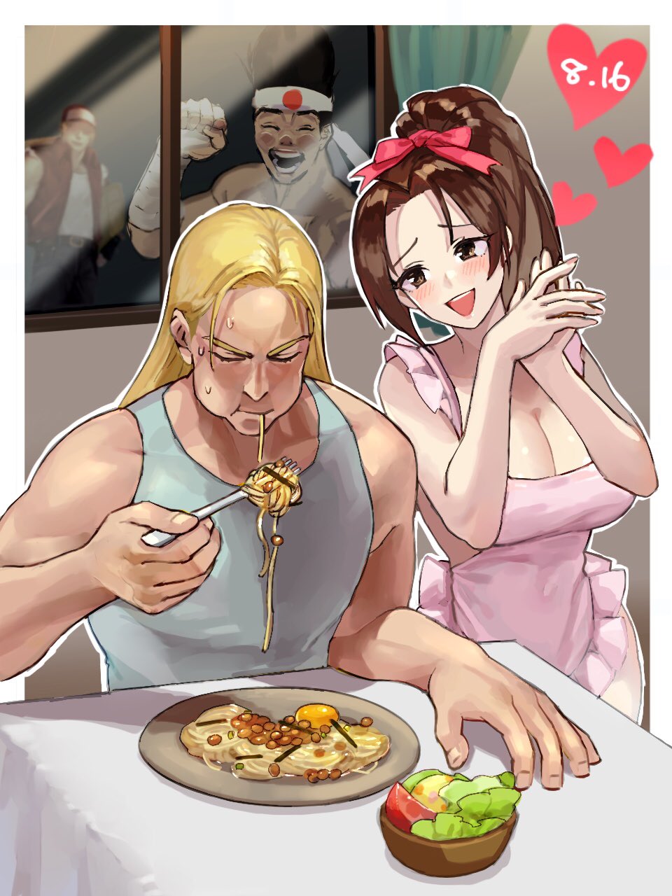 andy_bogard, apron, blush, eating, fatal_fury, food, heart, highres
