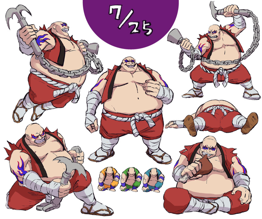 1boy, action, alternate_color, bald, earthquake_(samurai_spirits), eating, food, grin