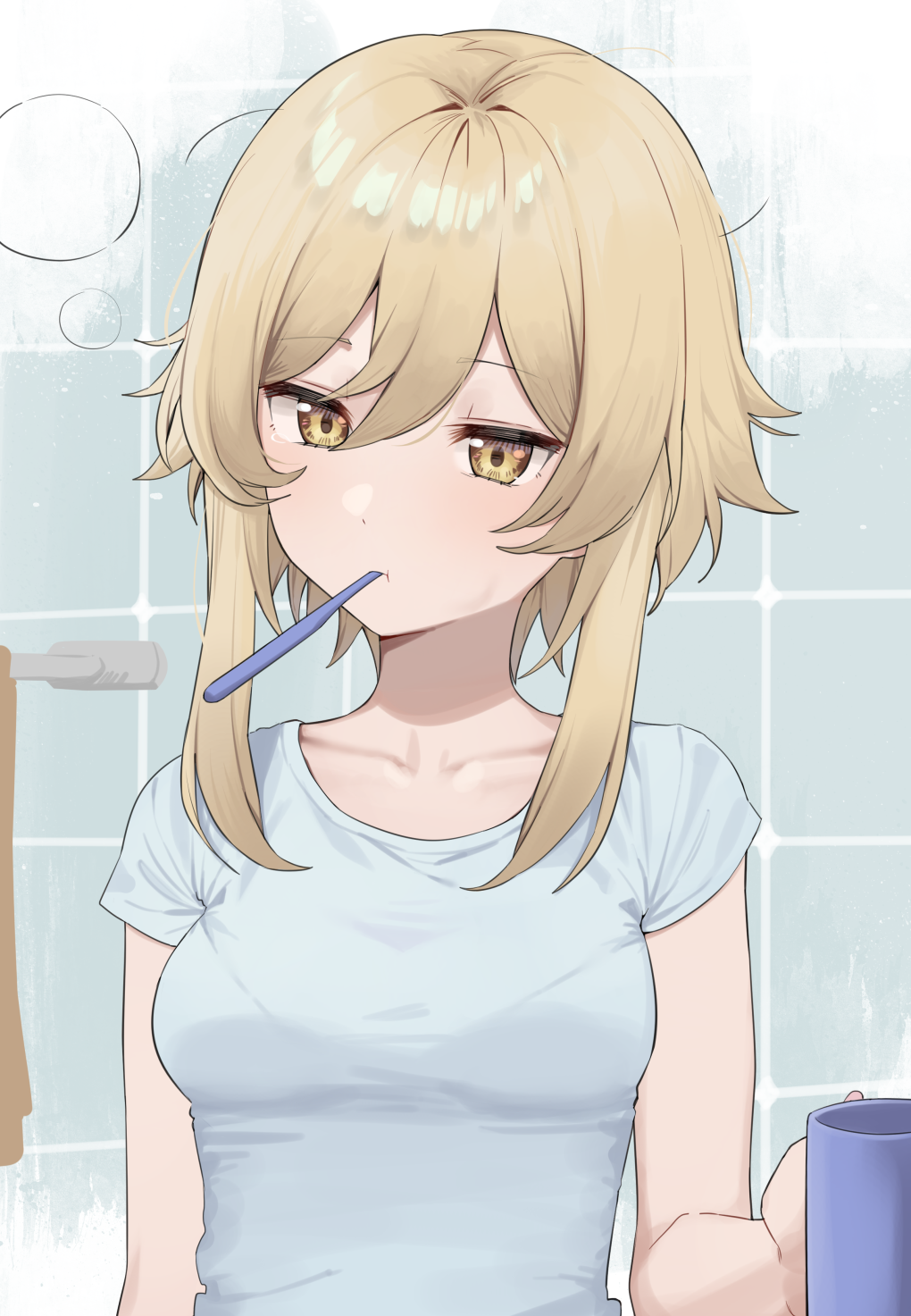 1girl, alternate_costume, bangs, bathroom, blonde_hair, blue_shirt, blush, bra_through_clothes