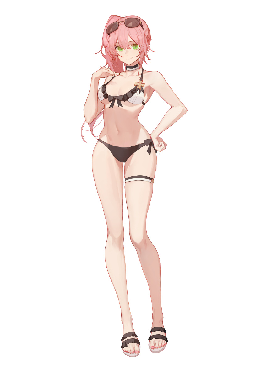 1girl, absurdres, bikini, black_bikini, breasts, eyewear_on_head, full_body, girls_frontline