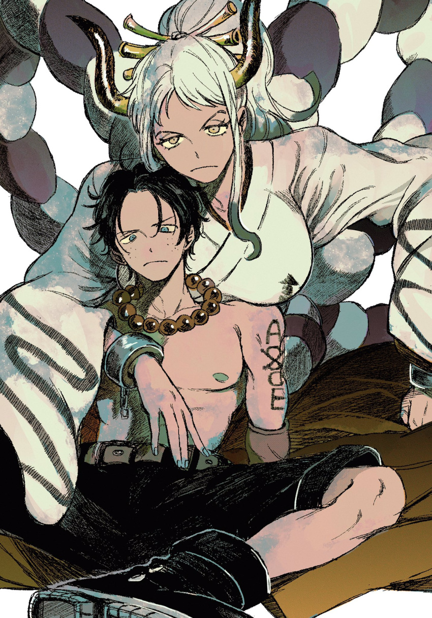 1boy, 1girl, areolae, arm_around_neck, arm_tattoo, bead_necklace, beads, behind_another, black_hair, blue_eyes, boots, breasts, breasts_on_shoulders, chain, closed_mouth, cuffs, curled_horns, fingernails, freckles, green_hair, hair_ornament, hair_stick, hakama, height_difference, high_ponytail, highres, horns, huge_breasts, japanese_clothes, jewelry, kimono, leaning_back, leaning_forward, long_hair, long_sleeves, looking_at_viewer, makenevemoiine, multicolored_hair, multicolored_horns, muted_color, necklace, one_piece, oni, pectorals, portgas_d._ace, red_horns, rope, serious, shackles, shimenawa, short_hair, shorts, simple_background, sitting, sitting_on_lap, sitting_on_person, tall_female, tattoo, toned, toned_male, topless_male, very_long_hair, white_hair, wide_sleeves, yamato_(one_piece), yellow_eyes, yellow_horns