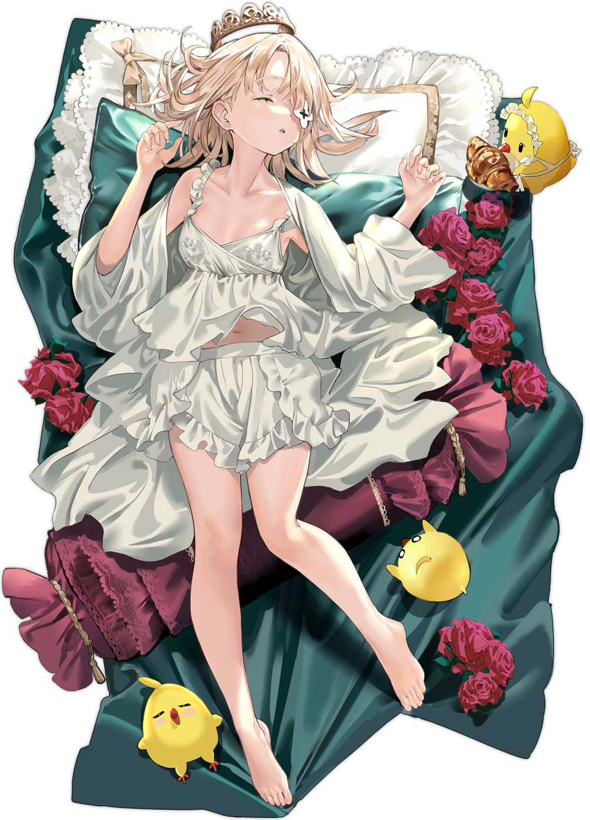 1girl, azur_lane, bed_sheet, bird, blonde_hair, camisole, chick, closed_eyes