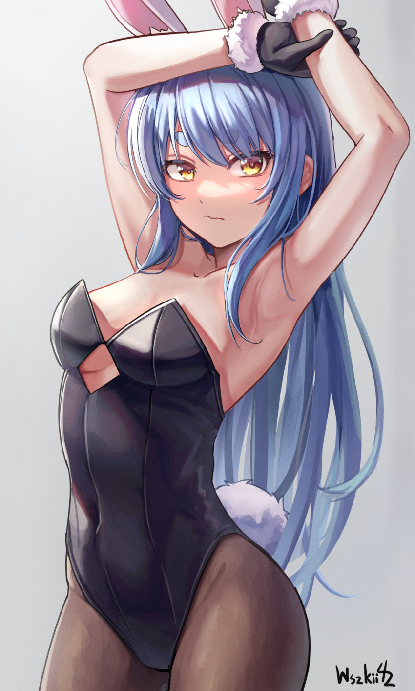 1girl, alternate_costume, alternate_hairstyle, animal_ears, armpits, arms_up, artist_name, bangs