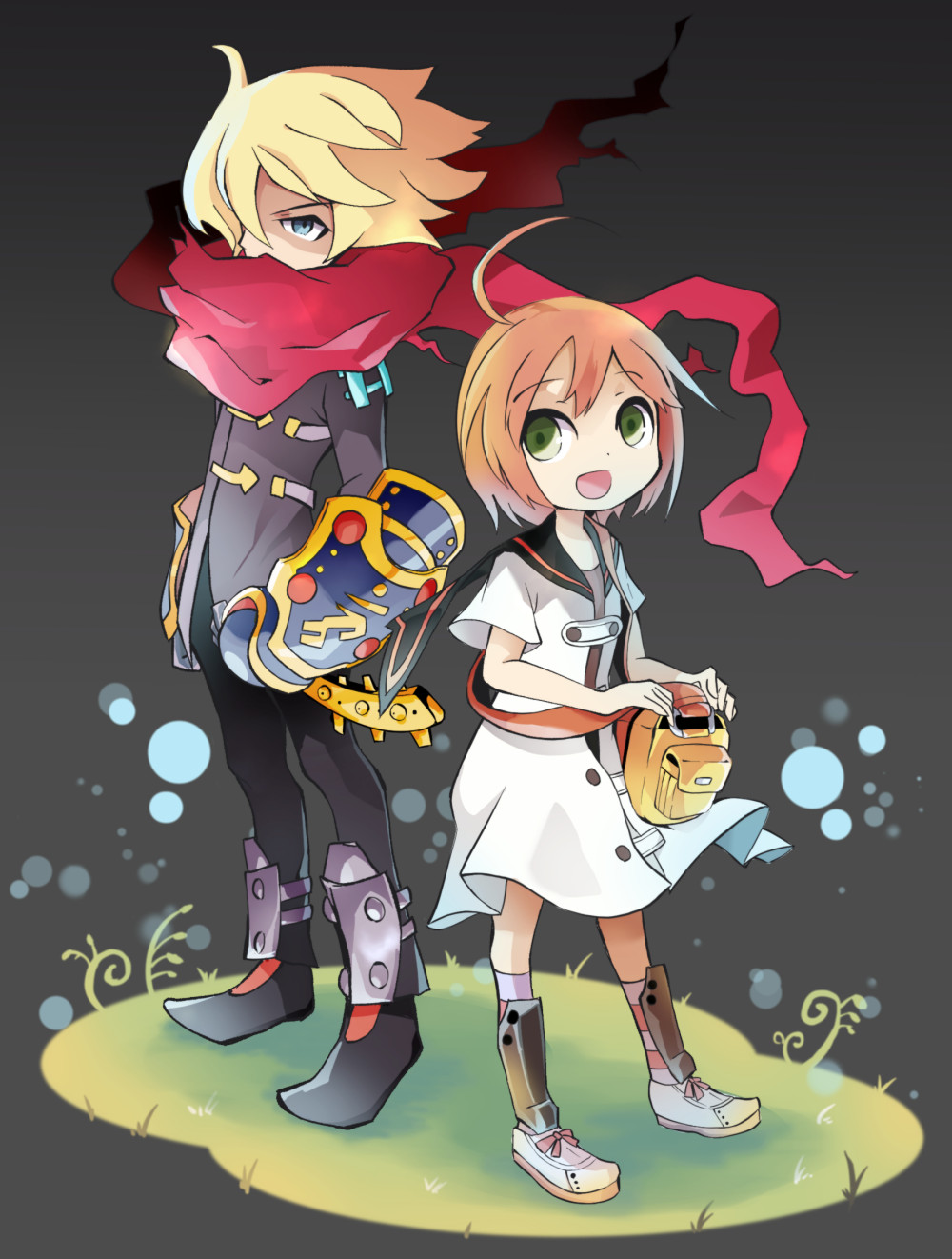 1boy, 1girl, :d, ahoge, alchemist_(sekaiju), alchemist_3_(sekaiju), asakirirokuyu, bag