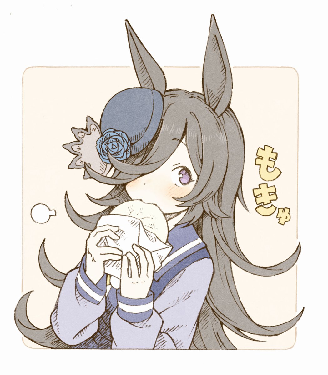 1girl, =3, animal_ears, bangs, baozi, biting, black_hair, blue_headwear