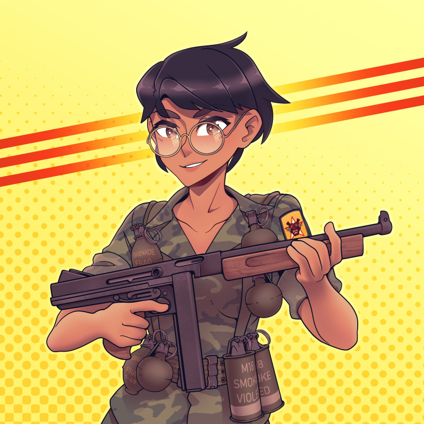 1girl, :d, absurdres, bangs, black_hair, brown_eyes, camouflage, camouflage_jacket, dark-skinned_female, dark_skin, explosive, grenade, grin, gun, highres, holding, holding_gun, holding_weapon, jacket, looking_at_viewer, military, military_uniform, open_mouth, original, short_hair, sleeves_rolled_up, smile, solo, south_vietnamese_flag, submachine_gun, teeth, thompson_submachine_gun, uniform, vietnam_war, weapon, willy_pete, yellow_background