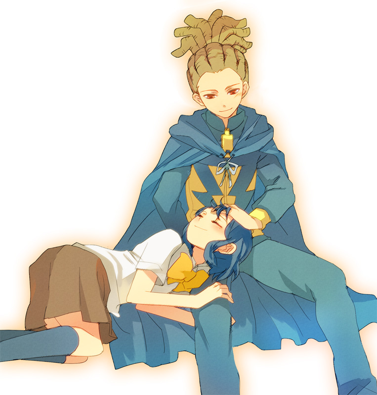 1boy, 1girl, blue_eyes, blue_hair, brother_and_sister, cape, closed_eyes, hairlocs