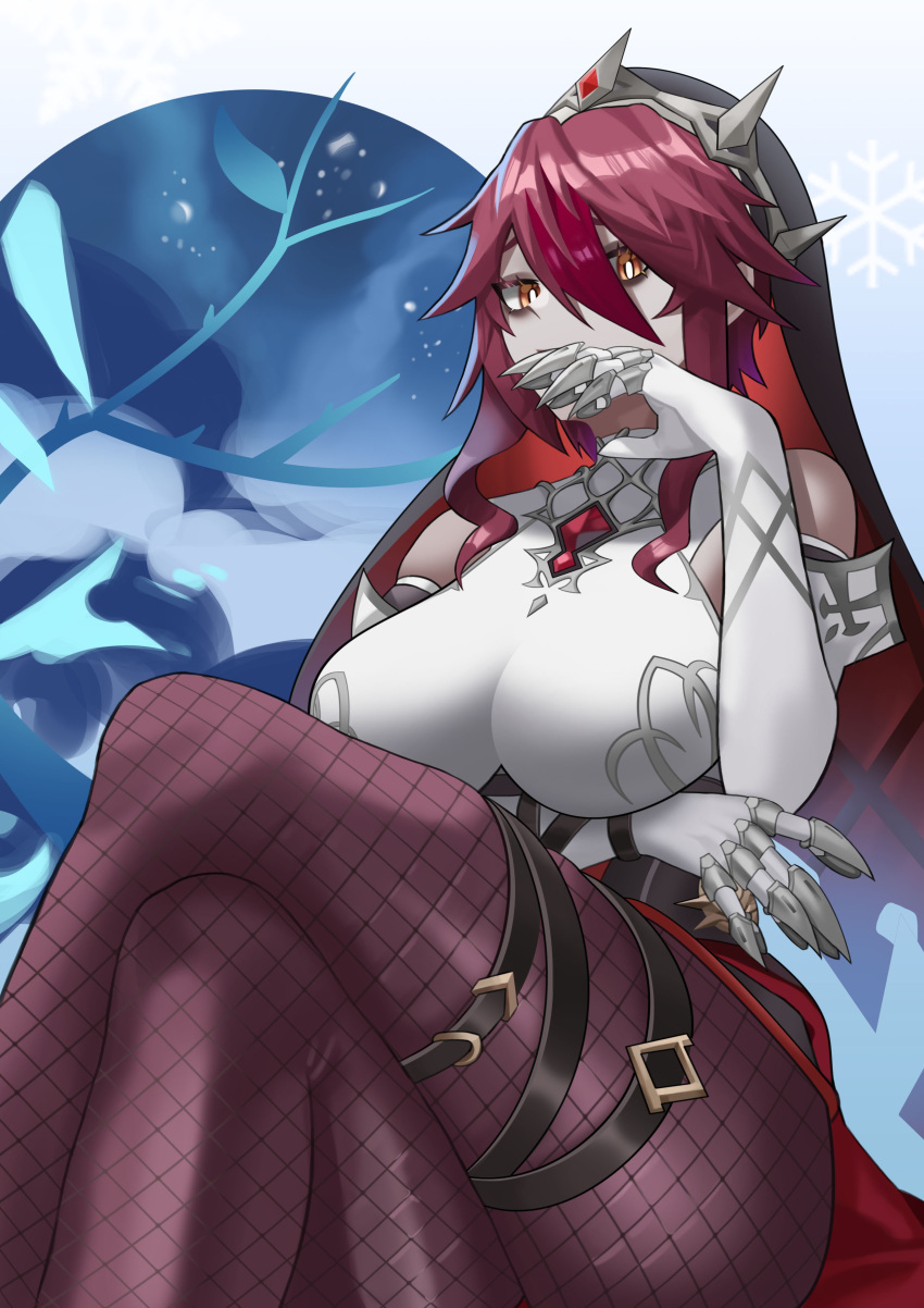 1girl, absurdres, arm_under_breasts, bare_shoulders, black_headwear, breasts, crossed_legs, ddog