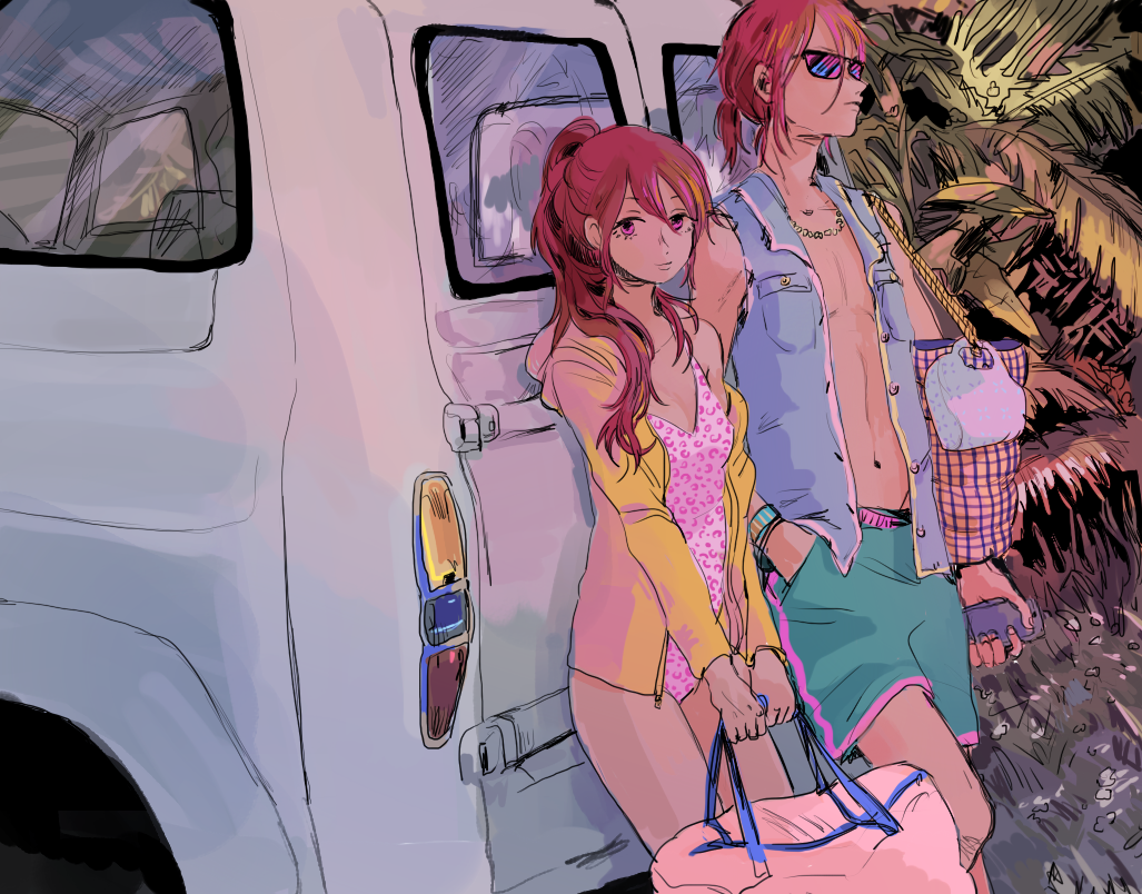 1boy, 1girl, brother_and_sister, free!, jacket, jewelry, long_hair, matsuoka_gou