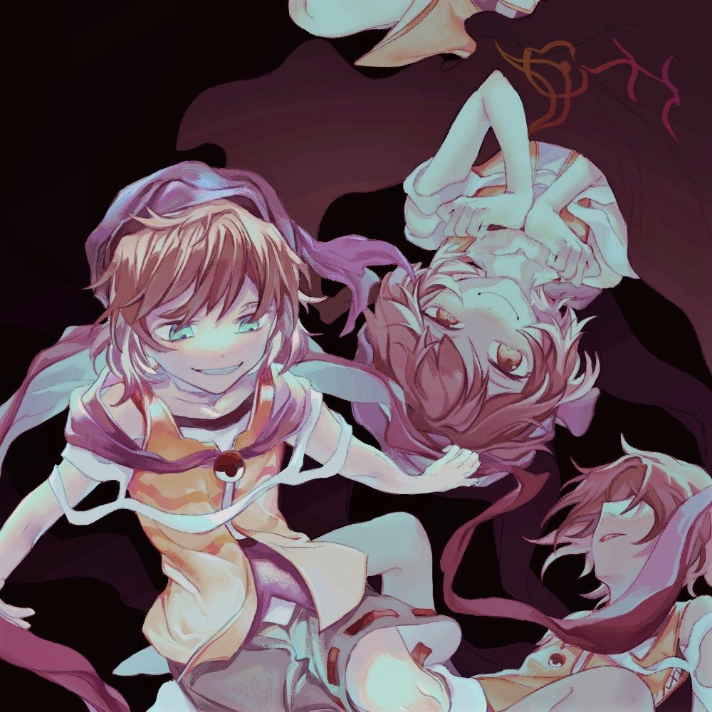 3others, androgynous, badai, bare_shoulders, blue_eyes, brown_hair, cape, evil_smile