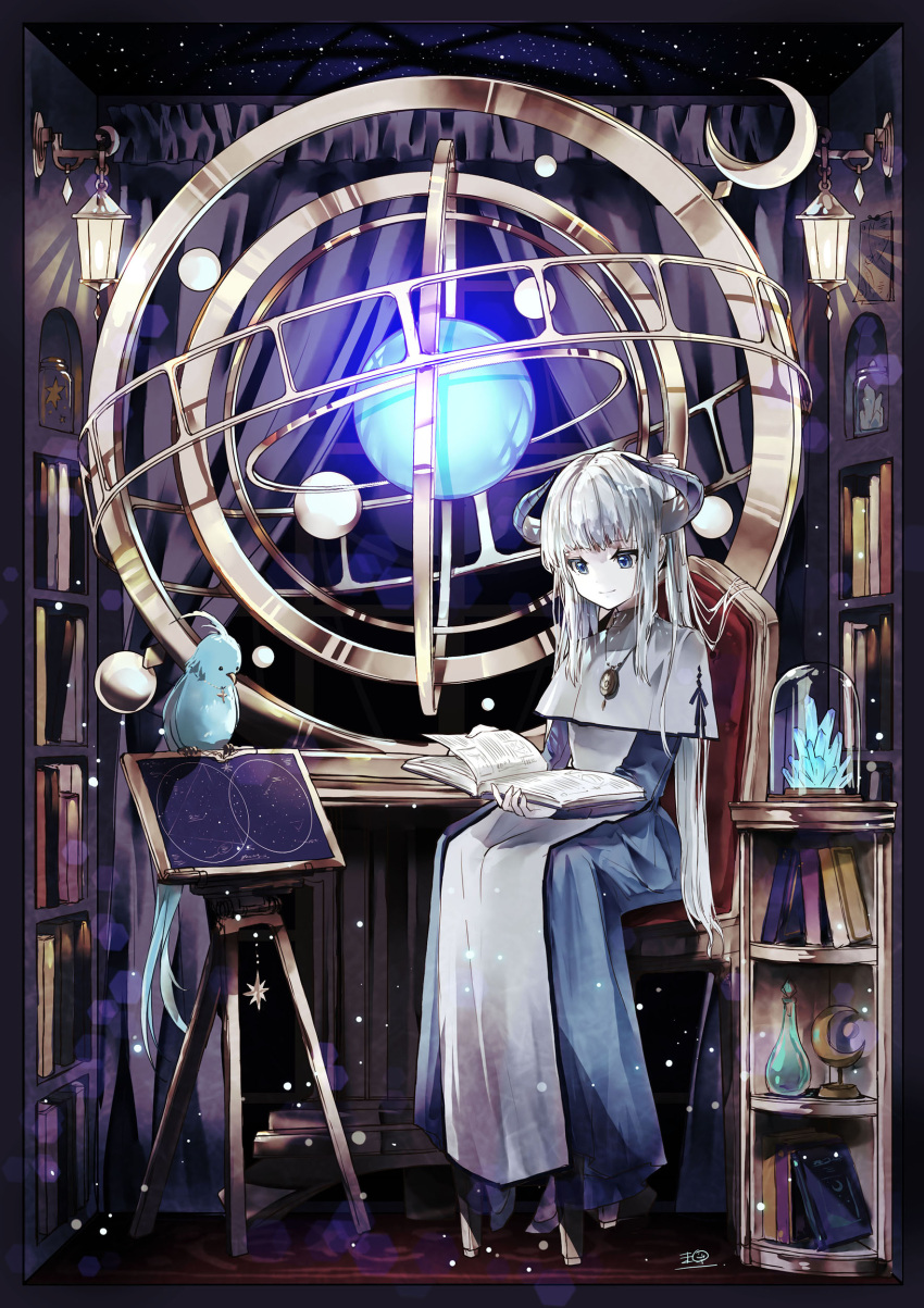 1girl, absurdres, armillary_sphere, bird, blue_dress, blue_eyes, book, book_stack
