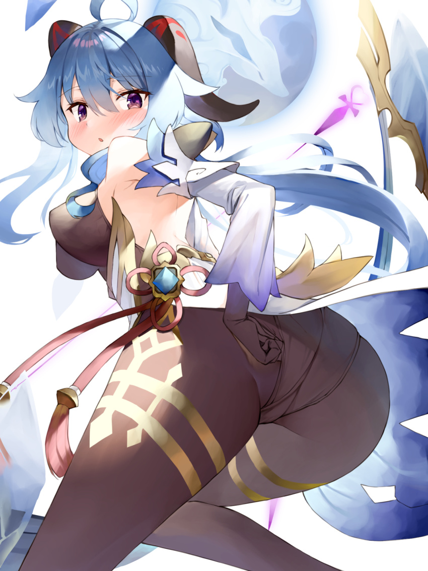 adjusting_clothes, ahoge, ass, bangs, bare_shoulders, black_gloves, black_legwear, blue_hair