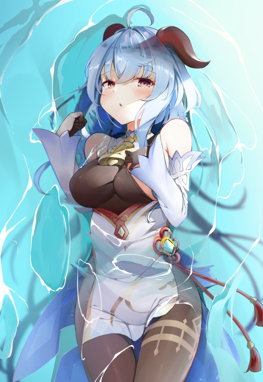 ahoge, bangs, bare_shoulders, bell, black_gloves, black_legwear, blue_hair, blush