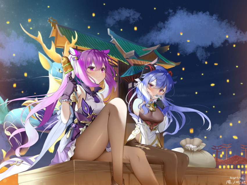 2girls, bag, bangs, bare_shoulders, bell, black_gloves, black_legwear, blue_hair
