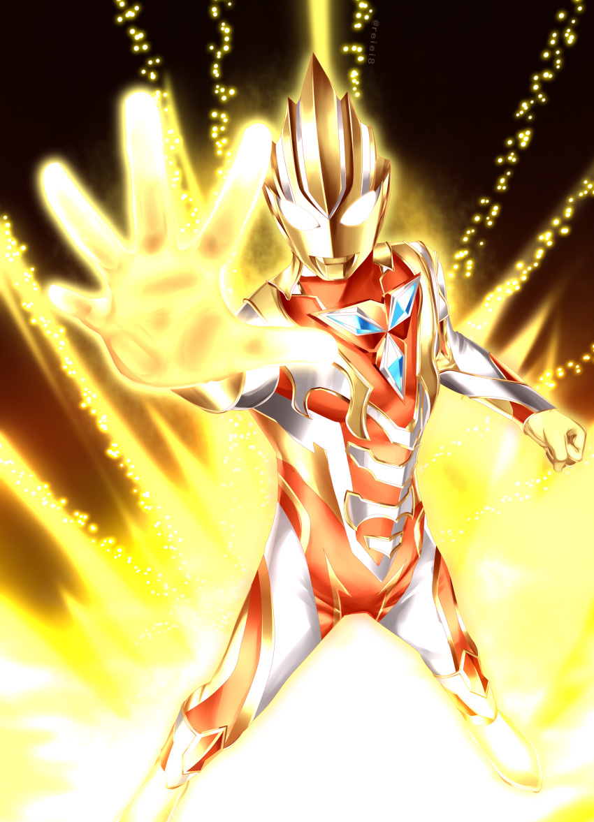 1boy, absurdres, alien, aura, color_timer, commentary, english_commentary, glitter_trigger_eternity, glowing, glowing_eyes, highres, light_particles, looking_at_viewer, no_humans, reiei_8, solo, standing, tokusatsu, ultra_series, ultraman_trigger, ultraman_trigger_(series), yellow_eyes