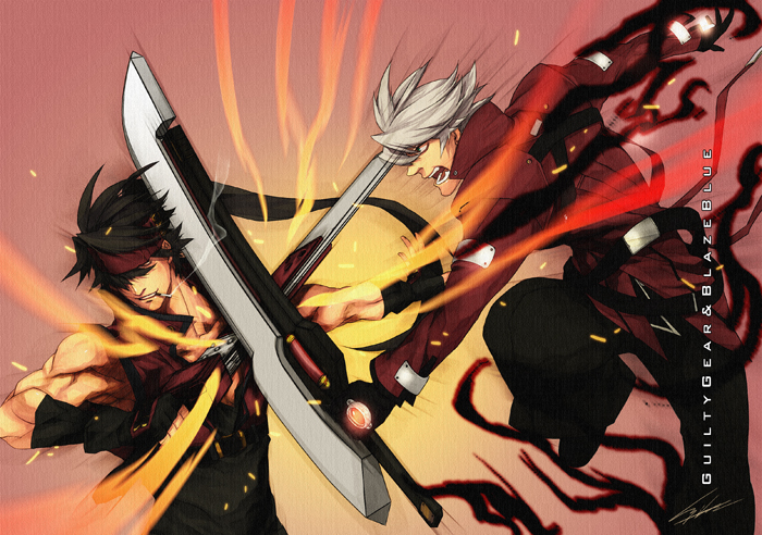 attack, battle, black_hair, blazblue, cigarette, clash, crossover, epic