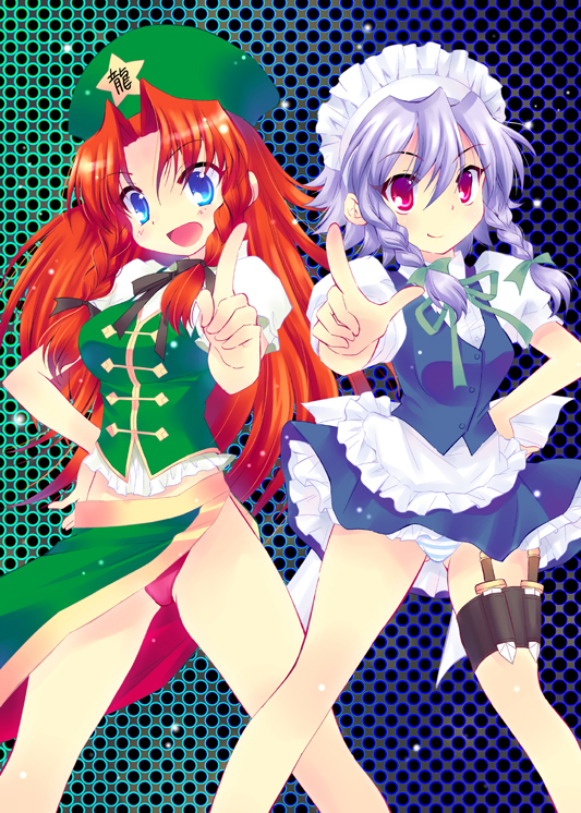 aya_ojo, blue_eyes, braid, china_dress, chinese_clothes, hat, hong_meiling, hoshino_madoka