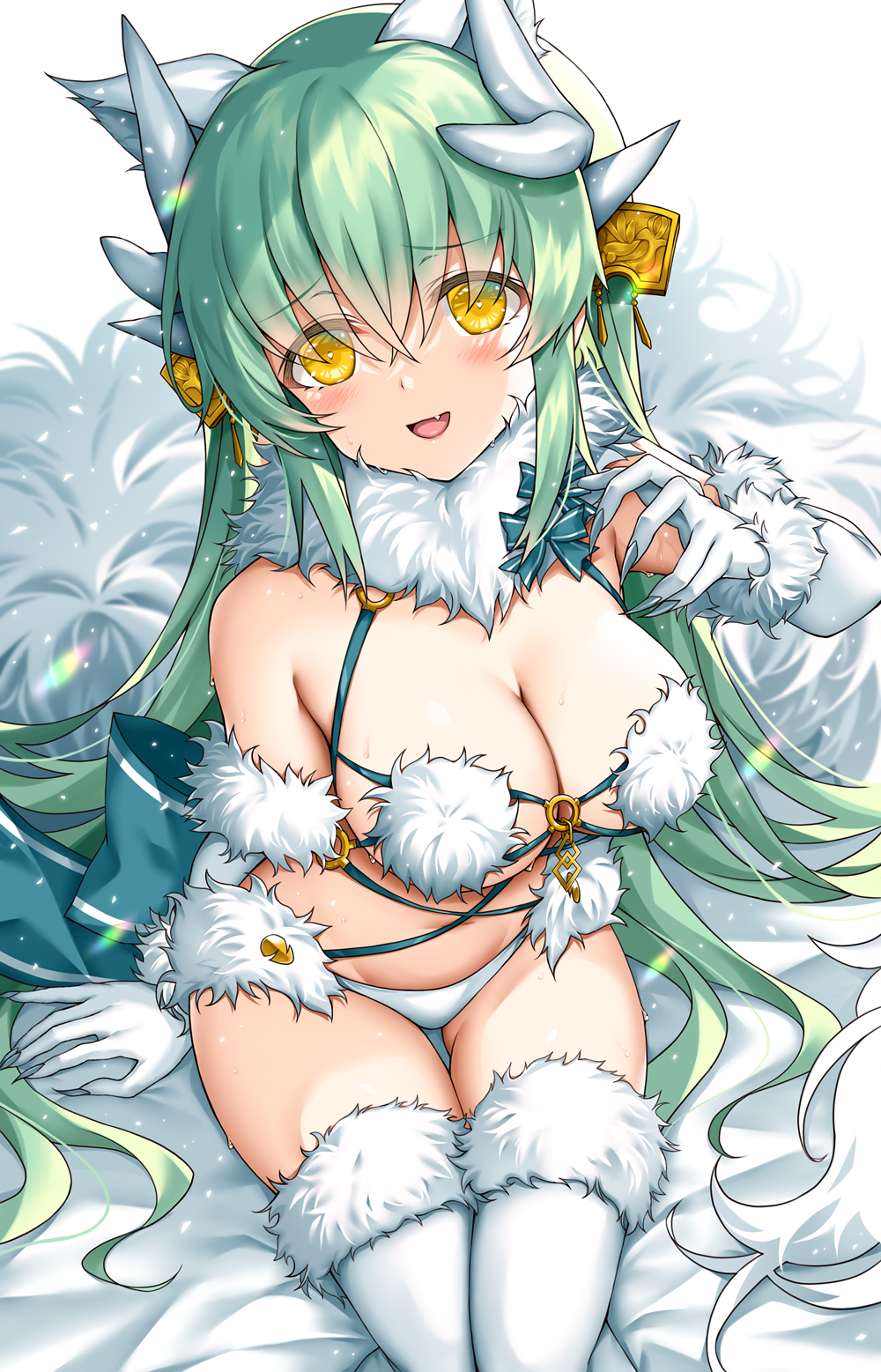 1girl, animal_ears, breasts, cosplay, dragon_girl, dragon_horns, elbow_gloves, fate/grand_order
