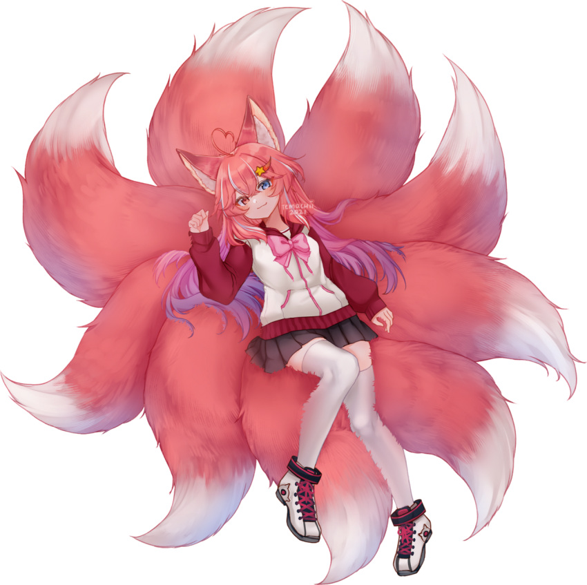 1girl, :3, ahoge, animal_ears, artist_name, black_skirt, blue_eyes, blush, bow, bowtie, closed_mouth, dated, fox_ears, fox_tail, full_body, hand_up, heart, heart_ahoge, heart_hair, heterochromia, highres, indie_virtual_youtuber, kitsui_akira, kitsune, long_sleeves, looking_at_viewer, miniskirt, multicolored_hair, pigeon-toed, pink_bow, pink_bowtie, pleated_skirt, red_eyes, red_sailor_collar, sailor_collar, school_uniform, serafuku, shoes, simple_background, skirt, smile, solo, streaked_hair, tail, temachii, thigh-highs, transparent_background, white_footwear, white_legwear