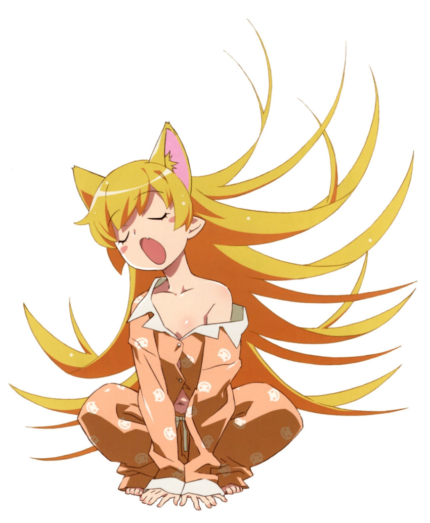 1gril, absurdres, animal_ears, bangs, barefoot, black_hanekawa, black_hanekawa_(cosplay), blonde_hair, blush_stickers, cat_ears, cat_girl, closed_eyes, cosplay, eyelashes, fang, full_body, hands_on_ground, hanekawa_tsubasa, hanekawa_tsubasa_(cosplay), head_tilt, highres, midriff_peek, monogatari_(series), navel, off_shoulder, official_art, open_mouth, orange_pajamas, oshino_shinobu, pajamas, raised_eyebrows, scan, simple_background, solo, squatting, watanabe_akio, white_background, yawning, yellow_eyes