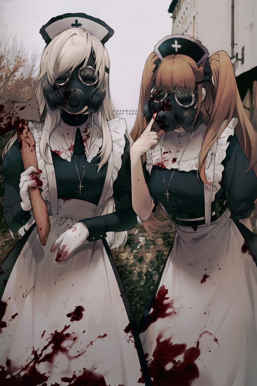 apron, artist_name, axe, bangs, black_dress, black_ribbon, blonde_hair, blood, blood_on_axe, blood_on_clothes, blood_on_gloves, blood_on_weapon, breasts, brown_hair, cross, cross_necklace, dress, facing_viewer, frills, gas_mask, gloves, hair_ribbon, hand_up, hat, highres, holding, holding_axe, holding_weapon, jewelry, juliet_sleeves, large_breasts, long_hair, long_sleeves, maid, mask, mazamuno, necklace, nurse_cap, original, outdoors, puffy_short_sleeves, puffy_sleeves, ribbon, short_sleeves, twintails, waist_apron, weapon, white_gloves